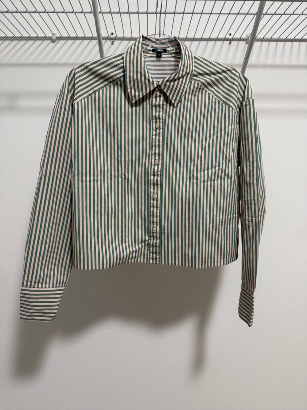 Express Women’s Striped Cropped Portofino Shirt Teal/Cream Size Small